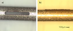 FIGURE 1. The slot in a stainless steel sample (a) was made using a femtosecond laser and requires no post-processing because of the negligible HAZ. Large burrs are visible in the sample in (b) made with a nanosecond laser, requiring additional processing.
