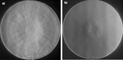 FIGURE 2. A null test of the mirror shows high mid-spatial-frequency (MSF) error (a), and a later null test of the mirror shows extremely low MSF (b). FIGURE 2. A null test of the mirror shows high mid-spatial-frequency (MSF) error (a), and a later null test of the mirror shows extremely low MSF (b).