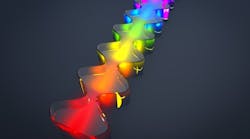 An artist's embellishment shows an image of the gain medium used to produce terahertz frequency combs. The different colors indicate that different wavelengths of oscillating terahertz radiation travel different distances through the medium, which has a different refractive index for each of the wavelengths. An artist's embellishment shows an image of the gain medium used to produce terahertz frequency combs. The different colors indicate that different wavelengths of oscillating terahertz radiation travel different distances through the medium, which has a different refractive index for each of the wavelengths.