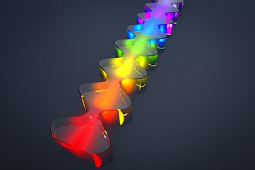 An artist&apos;s embellishment shows an image of the gain medium used to produce terahertz frequency combs. The different colors indicate that different wavelengths of oscillating terahertz radiation travel different distances through the medium, which has a different refractive index for each of the wavelengths.