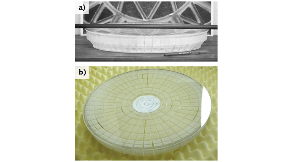 FIGURE 1. A bubble-free, double-conical, polished lightweight mirror has a 396 mm CA (a), and a view from the side shows the rib design (b).