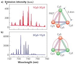 FIGURE 3. The lasing spectra are shown for (a) a 15.6 μm diameter droplet doped with 1Cy3-3Cy5 and (b) a 16.4 μm diameter droplet doped with 3Cy3-1Cy5 self-assembled DNA complexes with identical Cy5 concentration of 25 μM. In these systems, Cy3 dye serves as the donor and Cy5 dye serves as the acceptor. The insets illustrate tetrahedral geometry of the respective DNA-dye complexes. FIGURE 3. The lasing spectra are shown for (a) a 15.6 μm diameter droplet doped with 1Cy3-3Cy5 and (b) a 16.4 μm diameter droplet doped with 3Cy3-1Cy5 self-assembled DNA complexes with identical Cy5 concentration of 25 μM. In these systems, Cy3 dye serves as the donor and Cy5 dye serves as the acceptor. The insets illustrate tetrahedral geometry of the respective DNA-dye complexes.