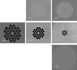 FIGURE 3. Scanning electron micrographs of PCFs used for supercontinuum generation include a small-hole, endlessly single-mode design (top row, left); a large-hole, &apos;blue enhanced&apos; supercontinuum fiber (top row, right); three stages of a fiber tapered over 5 m for ultraviolet-enhanced supercontinuum generation (middle row, from left to right); and a fiber with an all-normal dispersion profile for coherent supercontinuum generation (bottom row).