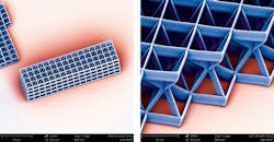 FIGURE 2. Colorized scanning electron microscope (SEM) images show miniature lattice structures manufactured on the SmartTable. FIGURE 2. Colorized scanning electron microscope (SEM) images show miniature lattice structures manufactured on the SmartTable.