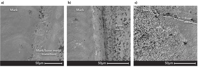 FIGURE 2. Scanning electron microscope (SEM) images of the surface of 17-4 stainless steel, where (a) is a fiber laser mark that passed hot nitric passivation, (b) is a fiber laser mark that failed hot nitric passivation, and (c) is an IR picosecond laser mark that passed hot nitric passivation.