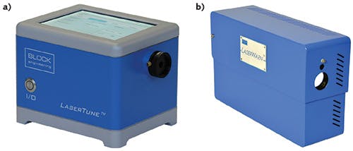 FIGURE 2. The LaserTune (a), a packaged QCL by Block Engineering, is the light source in the company&apos;s LaserWarn &apos;trip-wire&apos; open-path gas-sensing system (b).