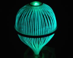 A light-bulb-shaped light collector is made from a bundle of fluorescent optical fibers. Although many shapes are possible, the light-bulb shape offers a very large bandwidth and omnidirectional sensitivity. This geometry can gather light from an area as large as 126 cm2, making it less sensitive to alignment. A light-bulb-shaped light collector is made from a bundle of fluorescent optical fibers. Although many shapes are possible, the light-bulb shape offers a very large bandwidth and omnidirectional sensitivity. This geometry can gather light from an area as large as 126 cm2, making it less sensitive to alignment.