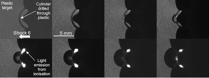 Eight frames are shown from a prototyping shot using the laser backlit SIMX16 camera. A 6 km/s projectile from a gas gun impacts on a plastic cube with a 5 mm drilled-out cylinder. The planar shock is seen to form a jet like structure as it propagates across the cylinder. Upon hitting the rear surface a small volume of gas is compressed and ionized causing light to be emitted. (Image credit: Specialised Imaging)