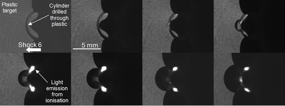 Eight frames are shown from a prototyping shot using the laser backlit SIMX16 camera. A 6 km/s projectile from a gas gun impacts on a plastic cube with a 5 mm drilled-out cylinder. The planar shock is seen to form a jet like structure as it propagates across the cylinder. Upon hitting the rear surface a small volume of gas is compressed and ionized causing light to be emitted. (Image credit: Specialised Imaging)