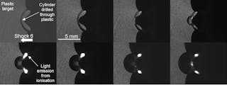 Eight frames are shown from a prototyping shot using the laser backlit SIMX16 camera. A 6 km/s projectile from a gas gun impacts on a plastic cube with a 5 mm drilled-out cylinder. The planar shock is seen to form a jet like structure as it propagates across the cylinder. Upon hitting the rear surface a small volume of gas is compressed and ionized causing light to be emitted. (Image credit: Specialised Imaging)