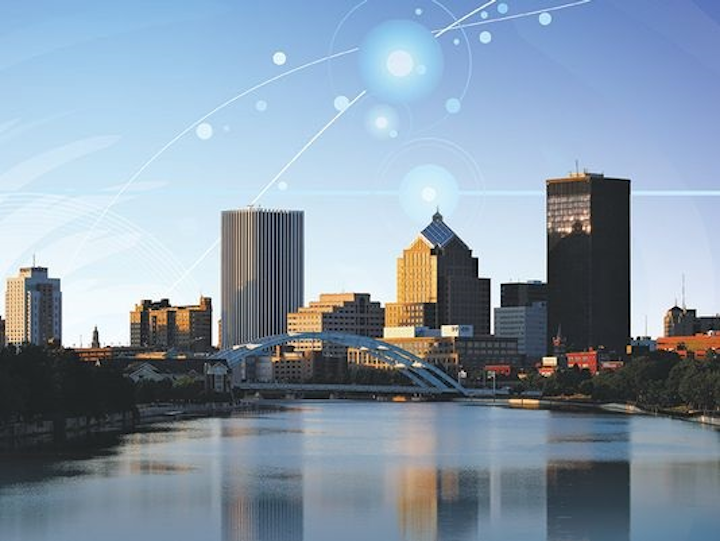 A photo illustration shows downtown Rochester, NY--future home of AIM Photonics. (Image credit: Rochester Democrat & Chronicle/photo by Carlos Ortiz, illustration by Dana Stewart)