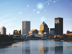 A photo illustration shows downtown Rochester, NY--future home of AIM Photonics. (Image credit: Rochester Democrat &amp; Chronicle/photo by Carlos Ortiz, illustration by Dana Stewart)