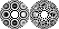 This drawing shows the difference between a Fresnel zone plate (left) and a photon sieve (right). The latter is patterned with millions of precisely machined holes.