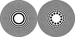 This drawing shows the difference between a Fresnel zone plate (left) and a photon sieve (right). The latter is patterned with millions of precisely machined holes. This drawing shows the difference between a Fresnel zone plate (left) and a photon sieve (right). The latter is patterned with millions of precisely machined holes.
