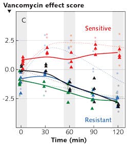 FIGURE 1. The spectroscopic method to identify VRE involves treatment of bacteria suspensions with vancomycin, and analysis of the samples after 0, 30, 60, 90, and 120 min using a combined DEP-Raman setup. The bacteria, captured dielectrophoretically in a micrometer-sized area of a chip, are analyzed using Raman spectroscopy; the spectra, projected into a statistical model, reveal whether the pathogens are sensitive (positive vancomycin effect score) or resistant (negative effect score) to vancomycin.