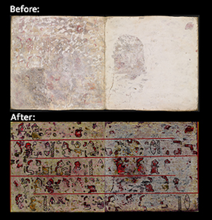 Details of a Mesoamerican Codex hidden under deer hide and plaster have been revealed using hyperspectral imaging. (Image credits: Journal of Archeological Science: Reports, 2016 Elsevier)
