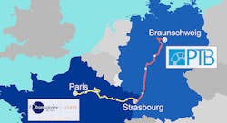 A metrological optical fiber link has been made between LNE-SYRTE in Paris, France and PTB in Braunschweig, Germany, connected in Strasbourg. The overall link length is 1400 km. A metrological optical fiber link has been made between LNE-SYRTE in Paris, France and PTB in Braunschweig, Germany, connected in Strasbourg. The overall link length is 1400 km.