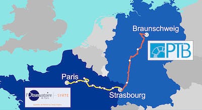 A metrological optical fiber link has been made between LNE-SYRTE in Paris, France and PTB in Braunschweig, Germany, connected in Strasbourg. The overall link length is 1400 km.