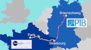 A metrological optical fiber link has been made between LNE-SYRTE in Paris, France and PTB in Braunschweig, Germany, connected in Strasbourg. The overall link length is 1400 km.