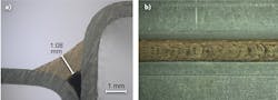 FIGURE 2. Using beam shaping optics to divide the beam into multiple spots makes it possible to braze hot-dipped galvanized material (a) and achieve both processing speeds of 4.5 m/min with a robot and good processing results, including smooth surfaces that are completely free of pores and spatters (b). FIGURE 2. Using beam shaping optics to divide the beam into multiple spots makes it possible to braze hot-dipped galvanized material (a) and achieve both processing speeds of 4.5 m/min with a robot and good processing results, including smooth surfaces that are completely free of pores and spatters (b).