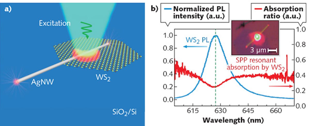 A schematic (a) shows the coupling of WS2 photoluminescence (PL) in surface plasmon polaritons (SPPs). A spectral plot (b) shows WS2 PL and resonant re-absorption of SPPs by underlying WS2; the inset shows an optical image.