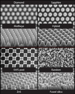 FIGURE 1. As seen in this electron-microscope image, surface antireflection structures exist in many varieties. The random AR structure (lower right) is now commercially available. FIGURE 1. As seen in this electron-microscope image, surface antireflection structures exist in many varieties. The random AR structure (lower right) is now commercially available.