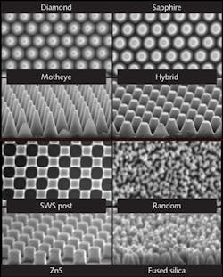 FIGURE 1. As seen in this electron-microscope image, surface antireflection structures exist in many varieties. The random AR structure (lower right) is now commercially available.