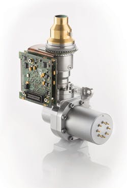 FIGURE 1. A VGA 15 μm pixel pitch mid-wave infrared (MWIR) detector with digital interface is optimized for size, weight, and power (SWaP), weighing in at 0.40 kg with a cool-down time of 3 min and 20 s. FIGURE 1. A VGA 15 μm pixel pitch mid-wave infrared (MWIR) detector with digital interface is optimized for size, weight, and power (SWaP), weighing in at 0.40 kg with a cool-down time of 3 min and 20 s.