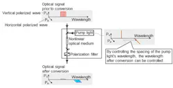 Two components of an optical signal consist of the vertically polarized wave and the horizontally polarized wave. By separating them, performing the wavelength conversion in parallel, and then recombining the signal, Fujitsu Laboratories and Fraunhofer HHI developed a technology for polarization-multiplexed signals. Using a prototype circuit based on this principle, they achieved simultaneous conversion of polarization-multiplexed signals exceeding 1 Tbps.