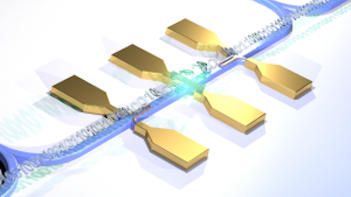 Carbon nanotubes (center) are used as a photon source and superconducting nanowires as receivers in a new optical chip for quantum computing. (Image credit: W.Pernice/WWU)
