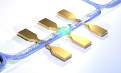 Carbon nanotubes (center) are used as a photon source and superconducting nanowires as receivers in a new optical chip for quantum computing. Carbon nanotubes (center) are used as a photon source and superconducting nanowires as receivers in a new optical chip for quantum computing.