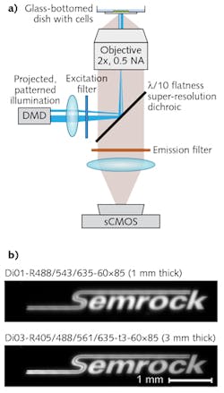 FIGURE 4. In an imaging setup that uses a digital micro-mirror device (DMD) for optogenetic stimulation of single neurons, the binary image is displayed on the DMD and imaged onto the sample, a uniformly fluorescent film for system calibration. The LED excitation light with illumination pattern is reflected off a custom 60 × 85 mm dichroic, and fluorescence emission from the sample is transmitted through the dichroic (a). In (b), an insufficiently flat dichroic can introduce aberration into the beam (top), while Semrock's 3-mm-thick λ/10 flatness dichroic effectively eliminates aberrations (bottom). FIGURE 4. In an imaging setup that uses a digital micro-mirror device (DMD) for optogenetic stimulation of single neurons, the binary image is displayed on the DMD and imaged onto the sample, a uniformly fluorescent film for system calibration. The LED excitation light with illumination pattern is reflected off a custom 60 × 85 mm dichroic, and fluorescence emission from the sample is transmitted through the dichroic (a). In (b), an insufficiently flat dichroic can introduce aberration into the beam (top), while Semrock's 3-mm-thick λ/10 flatness dichroic effectively eliminates aberrations (bottom).