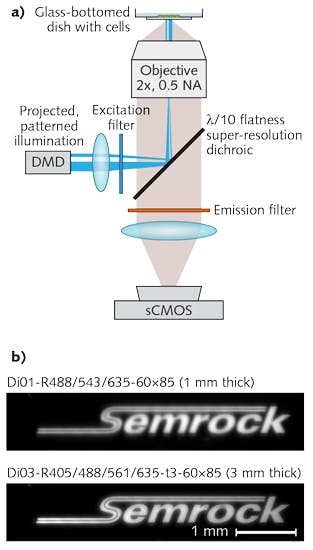 FIGURE 4. In an imaging setup that uses a digital micro-mirror device (DMD) for optogenetic stimulation of single neurons, the binary image is displayed on the DMD and imaged onto the sample, a uniformly fluorescent film for system calibration. The LED excitation light with illumination pattern is reflected off a custom 60 &times; 85 mm dichroic, and fluorescence emission from the sample is transmitted through the dichroic (a). In (b), an insufficiently flat dichroic can introduce aberration into the beam (top), while Semrock&apos;s 3-mm-thick &lambda;/10 flatness dichroic effectively eliminates aberrations (bottom).