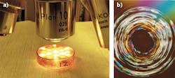 FIGURE 2. Optical inspection using 150 reflective Nomarksi microscopy (a) reveals laser damage (b). FIGURE 2. Optical inspection using 150 reflective Nomarksi microscopy (a) reveals laser damage (b).