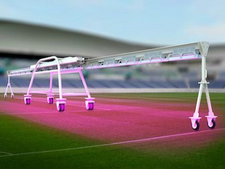 The &apos;Brighturf&apos; LED-based lighting system promotes the growth of natural grass. The LED was once used in a plant factory and relies on high-efficiency LED chips manufactured in Japan. The width of the system is 16.75 m when its arm is extended.