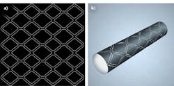 FIGURE 3. One approach to improve stent processing is to first convert the stent vector pattern into a bitmap image (a); as the beam is scanned back and forth axially along the stent, the rotary stage rotates unidirectionally underneath to continue exposing the entire circumference of the stent to the scanning beam spot (b). FIGURE 3. One approach to improve stent processing is to first convert the stent vector pattern into a bitmap image (a); as the beam is scanned back and forth axially along the stent, the rotary stage rotates unidirectionally underneath to continue exposing the entire circumference of the stent to the scanning beam spot (b).