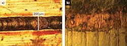 FIGURE 5. The surface of a phosphor-bronze-to-stainless-steel weld (a), and the same weld with ductile interface failure at 500X (b). FIGURE 5. The surface of a phosphor-bronze-to-stainless-steel weld (a), and the same weld with ductile interface failure at 500X (b).