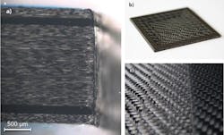 FIGURE 5. UD CFRP cutting edge quality showing very low heat-affected zone (a), a woven CFRP ablation and cutting example (b), and a higher magnification of the steps of an ablated woven CFRP sample (c).
