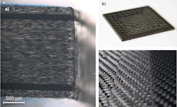 FIGURE 5. UD CFRP cutting edge quality showing very low heat-affected zone (a), a woven CFRP ablation and cutting example (b), and a higher magnification of the steps of an ablated woven CFRP sample (c). FIGURE 5. UD CFRP cutting edge quality showing very low heat-affected zone (a), a woven CFRP ablation and cutting example (b), and a higher magnification of the steps of an ablated woven CFRP sample (c).