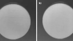 FIGURE 1. A card printed with 1 mm black/white line pairs oriented horizontally (a) and vertically (b) can be used to assess vertical and horizontal interferometer imaging performance, respectively. Image degradation is seen at the edges of the image in this Gen II interferometer, indicating limitations in spatial frequencies that can be measured.