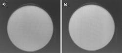 FIGURE 1. A card printed with 1 mm black/white line pairs oriented horizontally (a) and vertically (b) can be used to assess vertical and horizontal interferometer imaging performance, respectively. Image degradation is seen at the edges of the image in this Gen II interferometer, indicating limitations in spatial frequencies that can be measured. FIGURE 1. A card printed with 1 mm black/white line pairs oriented horizontally (a) and vertically (b) can be used to assess vertical and horizontal interferometer imaging performance, respectively. Image degradation is seen at the edges of the image in this Gen II interferometer, indicating limitations in spatial frequencies that can be measured.