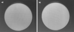 FIGURE 1. A card printed with 1 mm black/white line pairs oriented horizontally (a) and vertically (b) can be used to assess vertical and horizontal interferometer imaging performance, respectively. Image degradation is seen at the edges of the image in this Gen II interferometer, indicating limitations in spatial frequencies that can be measured.