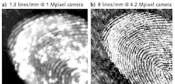 FIGURE 2. In a Gen II interferometer, you know you have a fingerprint (a), whereas a Gen V interferometer produces a definitive image (b) with mid-spatial frequency features that allow you to find out whose fingerprint it is.