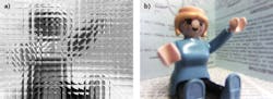 FIGURE 2. Fragmentation of a scene through the optics of a wafer-level camera (a); image processing is required to reconstruct the original image from the image segments (b). FIGURE 2. Fragmentation of a scene through the optics of a wafer-level camera (a); image processing is required to reconstruct the original image from the image segments (b).