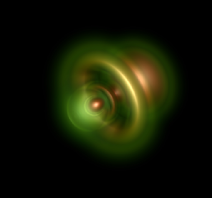 Once a photon has ejected an electron from a helium atom, it is possible to calculate the probable position of the remaining electron. The most likely position of the electron is shown in the image as the brightest area around the atomic nucleus (which itself is not visible in the image). (Image credit: Schultze and Ossiander/LMU Munich)