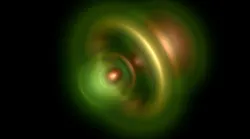 Once a photon has ejected an electron from a helium atom, it is possible to calculate the probable position of the remaining electron. The most likely position of the electron is shown in the image as the brightest area around the atomic nucleus (which itself is not visible in the image).