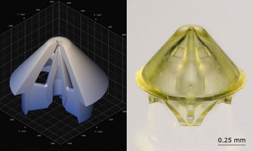 A rendering of the nozzle with a cut-out section shows the inner complexity of its design (left); the final 3D printed nozzle has very high resolution (right).