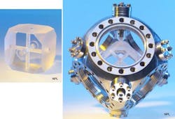 At left is the optical stabilizing reference cavity itself; at right is the cavity in its vacuum chamber. At left is the optical stabilizing reference cavity itself; at right is the cavity in its vacuum chamber.