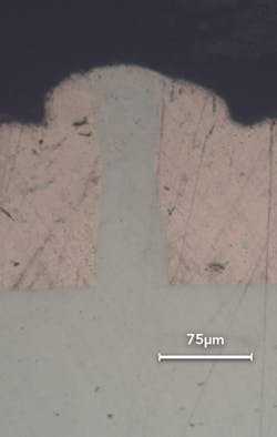 FIGURE 2. A cross-section of copper (top) into aluminum (bottom) weld using a redENERGY G4 pulsed laser. FIGURE 2. A cross-section of copper (top) into aluminum (bottom) weld using a redENERGY G4 pulsed laser.