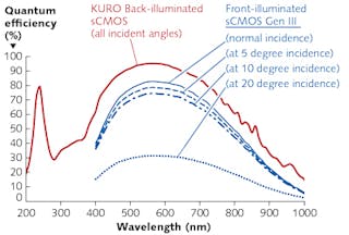 FIGURE 3. Back-illuminated sCMOS technology provides higher quantum efficiency than front-illuminated sCMOS sensors across a broad spectral range, including the UV, regardless of the incident angle of light.